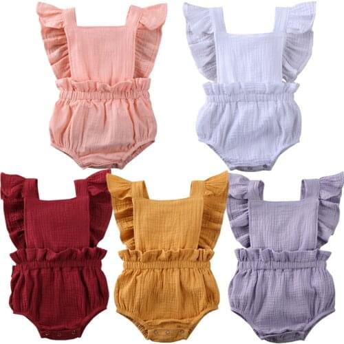 New 5Colors Newborn Baby Girl Ruffle Solid Romper Jumpsuit Outfit Summer Sleeveless Cotton Linen Clothes 0-24Months