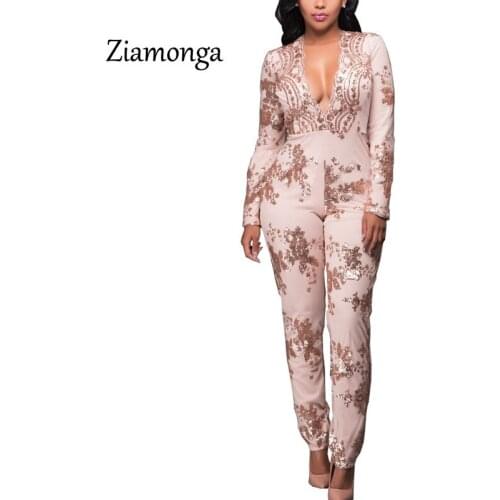 Ziamonga 2017 Sexy Deep V Neck Long Sleeve Glitter Sequin Jumpsuit Women Party Playsuit Club Elegant Long Romper Overalls C2823