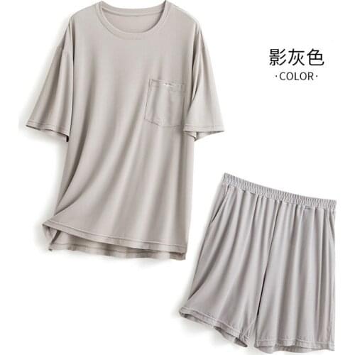 Summer Simple Casual Solid 2PCs Homewear Thin Ice Silk Pajamas For Men Fashion Gray O-Neck Short Sleeve Plus Size Man Sleepwear