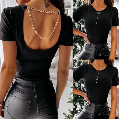 Summer woman black T-shirt top sexy round neck short sleeve U-shaped slim open back chain top