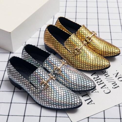 Mens Pointy Toe Sequins Bling Fish Scales Shiny Slip on Shoes Wingtips Gold Sliver Glitter Dress Chunky Low Heel Plus Size New