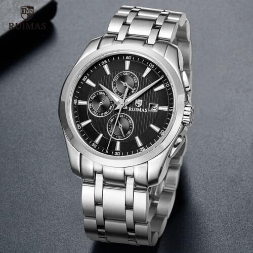 RUIMAS Mens Stainless steel Quartz Watches Luxury Business Chronograph Watch Relogios Masculino Relojes de Hombre 6688 Black
