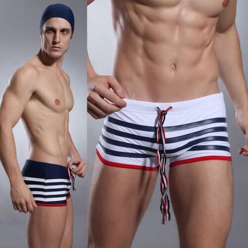 Mens sexy swimwear white/blue striped swimsuit men slim swim shorts striped swim trunks male board shorts gay bikini swim wear