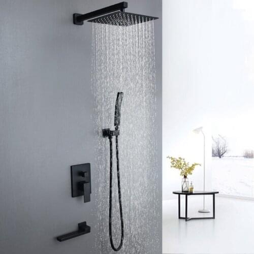 Black Rainfall Shower Faucet Set Wall Mount Brass Head Shower Mixer Taps Concealed Install Bath Shower Tap
