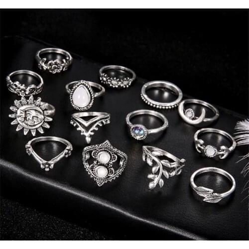 Personality Water Drop Flowers Hollow Carved Ring Set 14 Pcs/Set