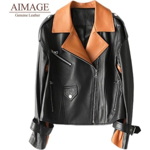 Real leather jacket for women turn collar genuine sheep leather coats splicing style female natural lambskin overcoats 3xl PY084