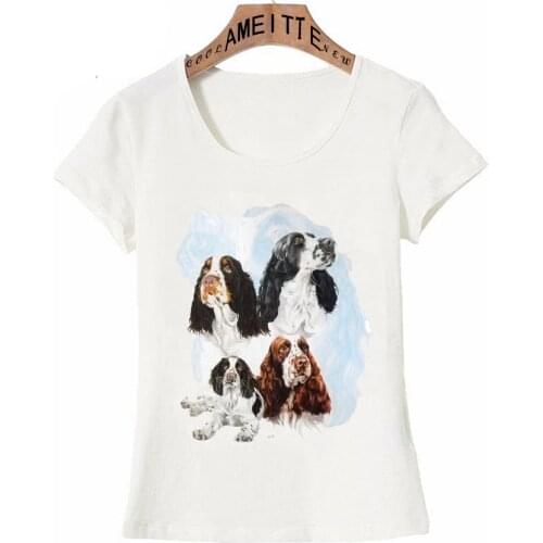 Fashion Casual Women Short Sleeve Lovely English Springer Spaniel Print T-Shirt Funny Dog Design Woman White Tops Cute Girl Tee