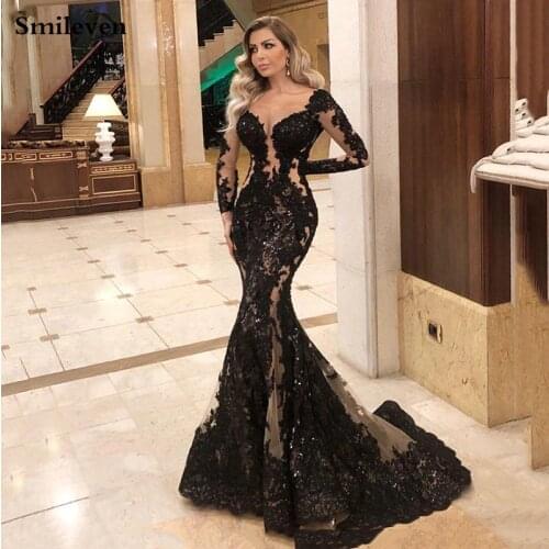 Smileven Mermaid Formal Evening Dress Long Sleeve Sexy Black Long Prom Party Gowns Custom Made
