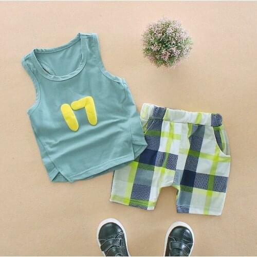 Oklady 2019 Boys Clothes Set Summer Baby Cotton Vest Shier Letter 17 Print Plaid Pants Casual Sporty Wear Green White Outfit Set