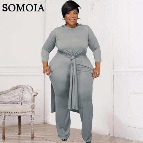 Plus Size Casual Sets Women Clothing Solid Loose Long Sleeve Two Piece Set Lounge Long Slit Shirt and Trousers Wholesale Items