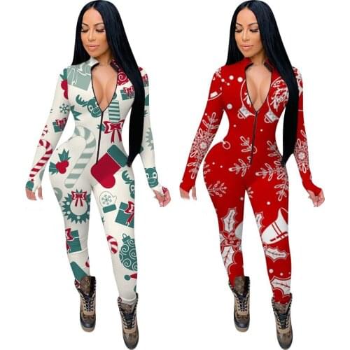 Christmas Bodycon Long Jumpsuit Womens Clothing One Piece Outfit Sexy Nightwear Long Sleeve Zipper V Neck Bodysuits Overalls