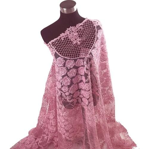 Pink/Purple Nigerian Indian Guipure Embroidered Floral Handmade Heavy Beaded Lace Fabric Luxury Quality Evening Dresses Material