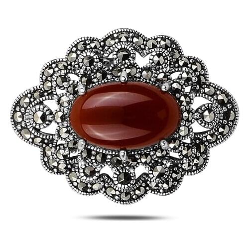 Silver 925 Sterling Natural Stone & Marcasite Brooch & Pendant