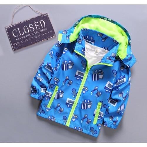 Boys Girls Kids Windbreaker Spring Autumn Cartoon Car Printed Kids Jackets Hooded Outerwear for Children