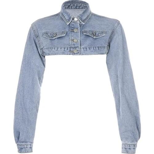 Blue Denim Short Vintage Crop Jacket Lapel Womens Denim Jackets Long Sleeve Autumn Punk Bolero Street Coat Jeans jacket