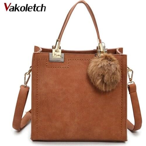 High quality PU leather handbag with fur ball Hot sale handbag women casual tote bag female large shoulder messenger bags K28