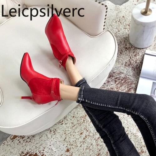Winter new style fashion belt buckle Pointed zipper Color matching Fine heel High heel Short tube Womens Boots plus size 32-48