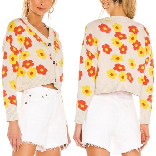 Womens Cropped Cardigan, New Fashion Sexy Long Sleeve Button Down Floral Print Knit Sweater Womens Clothing