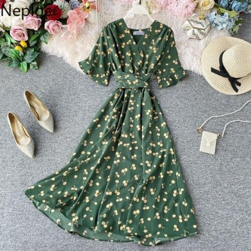 Neploe Korean Ins V Neck Short Sleeve Bohemian Dress High Wasit Hip Print A Line Vestido Summer Holiday Beach Long Ropa 49393