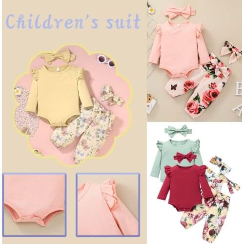 0-24m) Baby Suit Autumn New Simple Pure Color Lace Long-Sleeved Romper + Printed Trousers + Headband Suit платье летнее 50