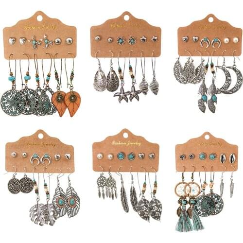 12Pcs Earrings 2021 Trend Retro Long Tassel Vintage Jewelry Feather Boho Bohemian Unusual Ethnic Hanging Earrings Luxury Fashion