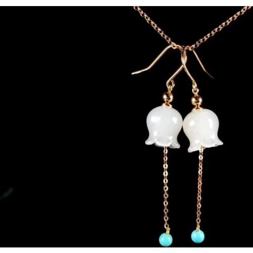 18K gold inlaid and Tian Baiyu lily of the valley earrings, sheep fat jade hdr29