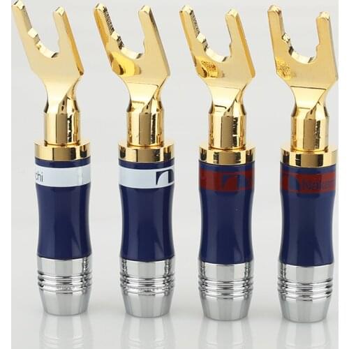 8pcs Gold Plated Copper Spade Fork plug Speaker Screw Lock Connector
