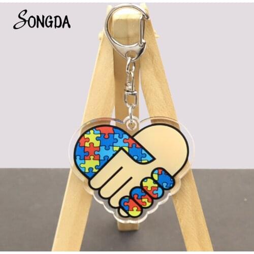 Autism Awareness Acrylic Keychains Holder Red Ribbon Puzzle Love Key Chains Car Bag Keyrings Unisex Jewelry Accessories Gifts
