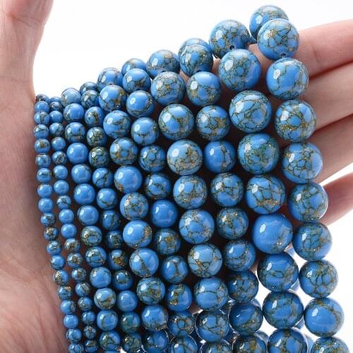 4/6/8/10/12mm Natural Stone Bead Blue Golden Thread Pine Round Loose Beads for Jewelry Making DIY Bracelet Necklace Accessories