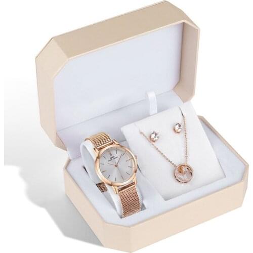 Women Rose Gold Watch Earring Necklace Set Female Jewelry Set Fashion Creative Crystal Quartz Watch for Ladys Gift