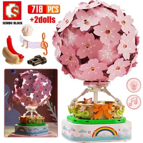 Creative Sakura Hot Air Balloon Friends Building Blocks City Street View Cherry Blossoms Music Box House Brick Toys for Children