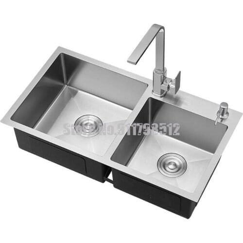Kitchen Sink 304 Stainless Steel Manual Double Trough Set Meal Sink Above And Below Counter Basin Dishwashing Laundry Sink