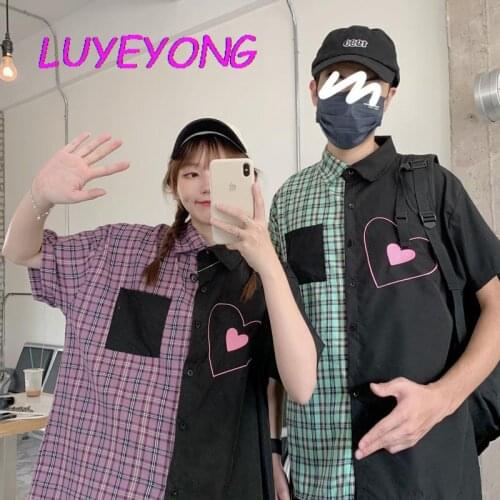 Summer Unisex Embroidery Heart Plaid Patch Contrasr Color Single Breasted Shirts Y2k Sweet Girl Street Short Sleeve Shirt Tops