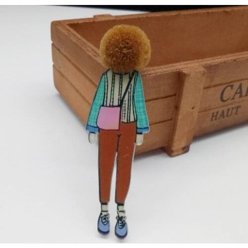 Cute Cartoon Brooch Pins for Clothes Handmade Pompom Head Cool Girl Acrylic Badges for Women Fashion Accessories Icon Packpack