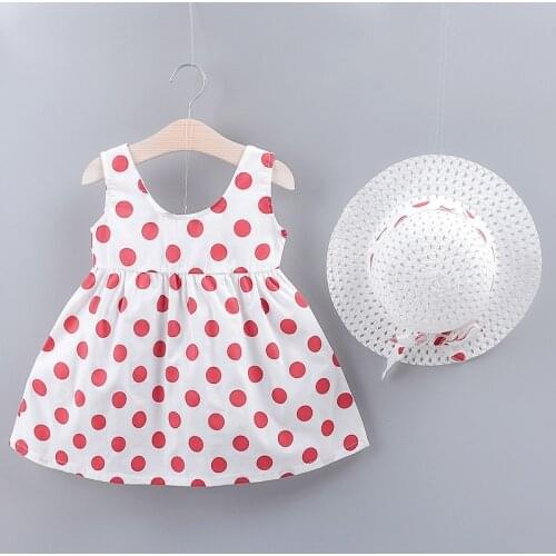 2019 New Baby Girl Clothes Dress+sun Hat Beach Dot Printed Cute Summer Cotton Princess Clothing Children Kids Baby Girl Dresses