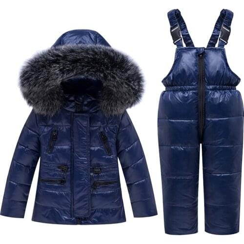 New Childrens down Jacket Set Boys and Girls Raccoon Dog Fur Collar Baby Winter Two-Piece Set
