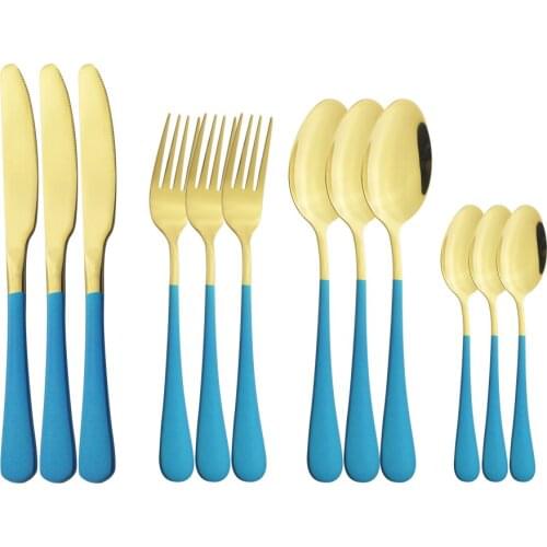 Blue Gold Dinnerware Knife Fork Spoon Stainless Steel Set Silverware Set Cutlery Set Flatware Outdoor Picnic Kitchen Tableware
