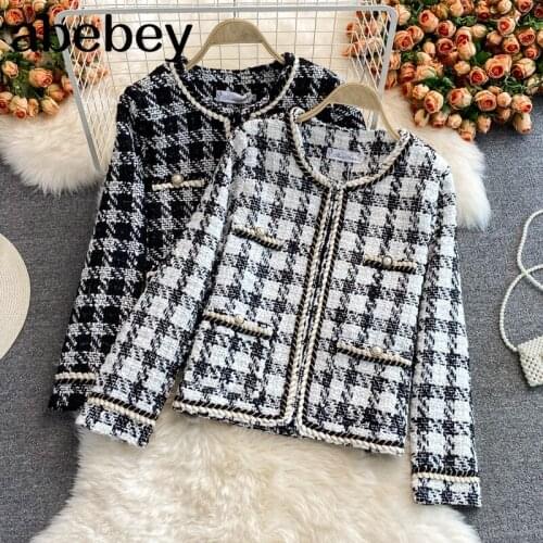 2021 New Spring Autumn Vintage O-neck long sleeve Cardigan Coat twist stripe patchwork tweed loose short plaid Jacket Top