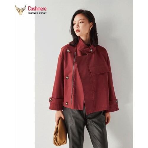 Womens Windbreaker Stand Collar Retro Loose Cotton Windbreaker Autumn Style Khaki Short Windbreaker Casual French Pocket Jacket