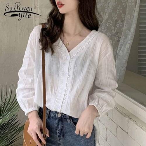 Cotton Women Tops and Blouses V-neck Lace Shirt Solid 2021 Autumn Korean Style Sweet Shirt Women Simple Office Lady Tops 10914