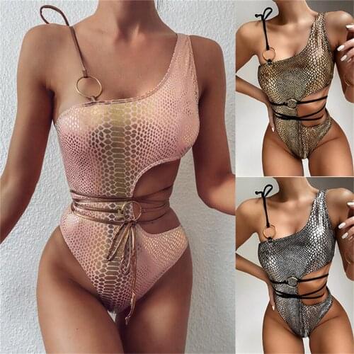 Fashion Snake Skin Hot Stamping Hollow Steel Ring Strap Quick-Dry Swimsuit Womens Sexy One-Shoulder All-In-One Bikini Swimwear