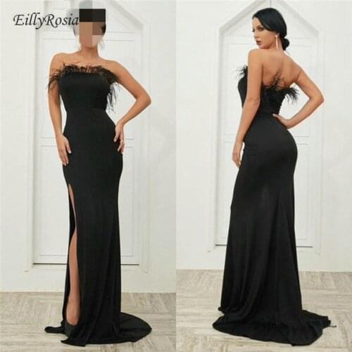 Mermaid Black Formal Evening Dress 2019 Sexy High Split Strapless Feather Robe Arabic Evening Gowns Lebanon Women uzun elbise
