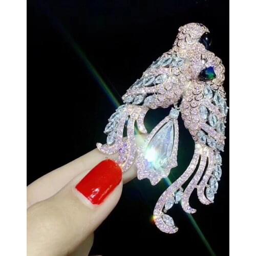 Pink color double parrots brooch pins bird fine women jewelry 925 sterling silver pave stone free shipping