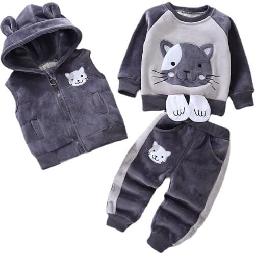 Winter New Baby Boys Girls Clothes Children Cartoon Hooded Vest T Shirt Pants 3Pcs/sets Toddler Fashion Clothing Kids Tracksuits