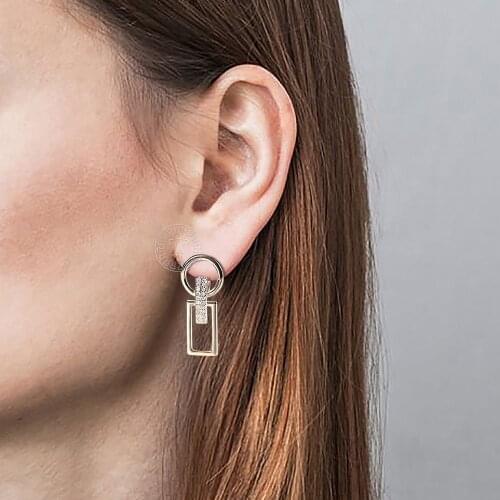 2021 New 585 Rose Gold CZ Rectangle Circle Drop Dangle Rhinestone CZ Earrings for Women Girls Fashion Jewelry Gift HGE348