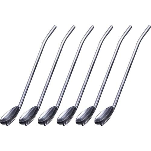 6 Pcs/Pack Stainless Steel Oval Shape Metal Drinking Spoon Straw Reusable Straws Cocktail Spoons Set(Primary Color)