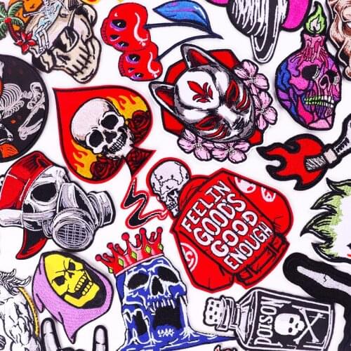 Hippie Skull Biker Embroidery Patches On Clothes Iron On Patches For Clothing Skeleton Appliques For Clothes DIY Punk Stickers
