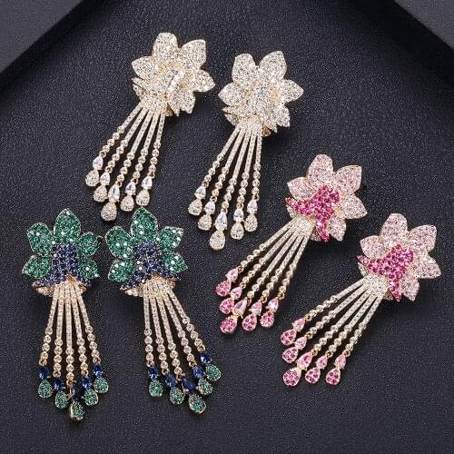 Janekelly Paved Naija Wedding Party Earring Fashion Jewelry Shape Drop Full Micro Cubic Zirconia Luxury Flower for Women Round
