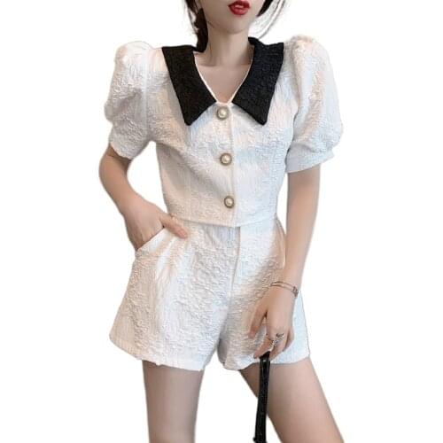 Korean Fahsion Shorts Set Women 2020 New Summer Pearl Buttons Lapel Puff Sleeve Short Shirt And Wide Leg Shorts Two-Piece Set