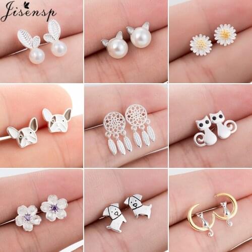 Jisensp Korean Daisy Flower Stud Earrings for Women Small Pearl Cat Earing Minimalist Dreamcatcher Leaf Earings Jewelry Brincos